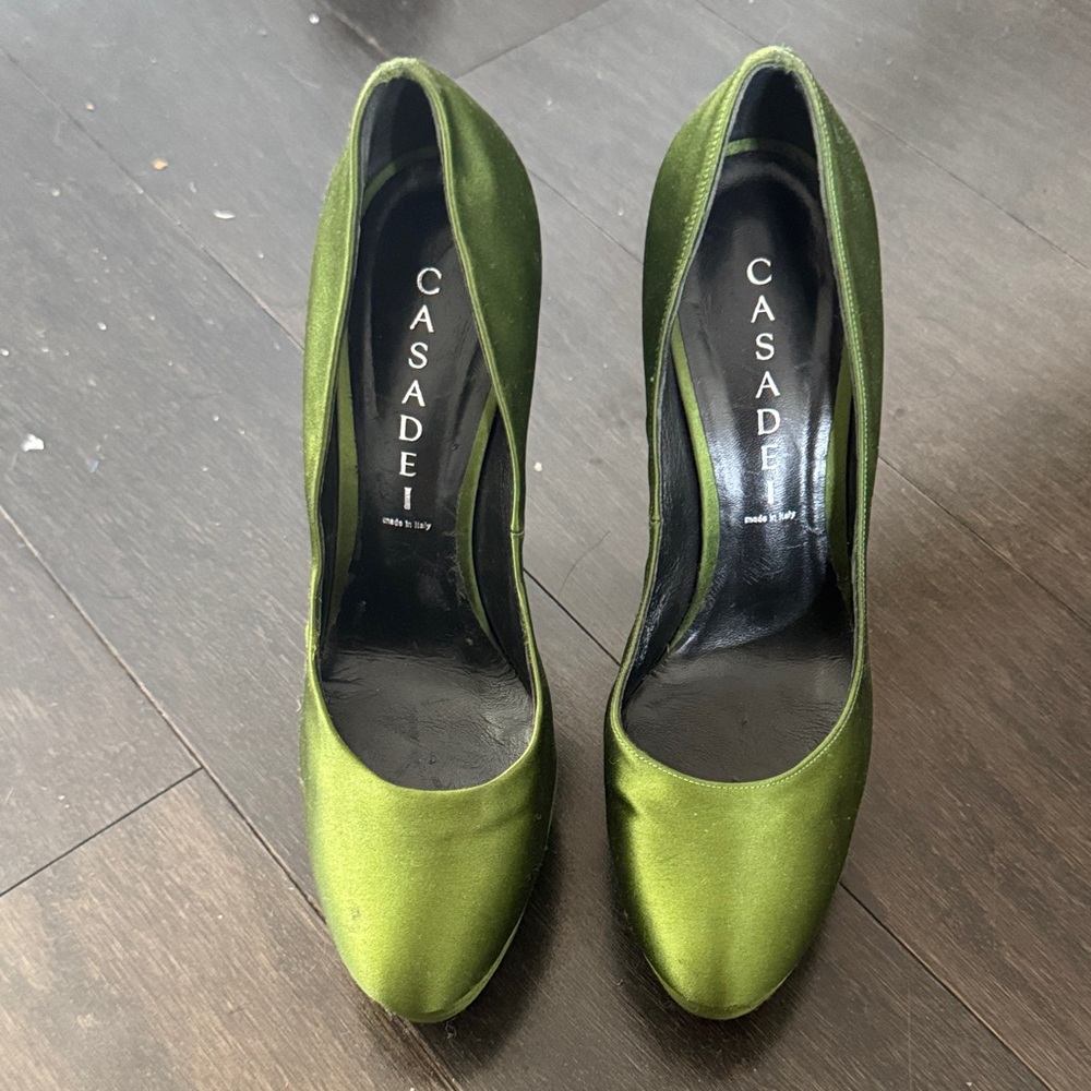 Casadei Olive Green Satin Platform Heels